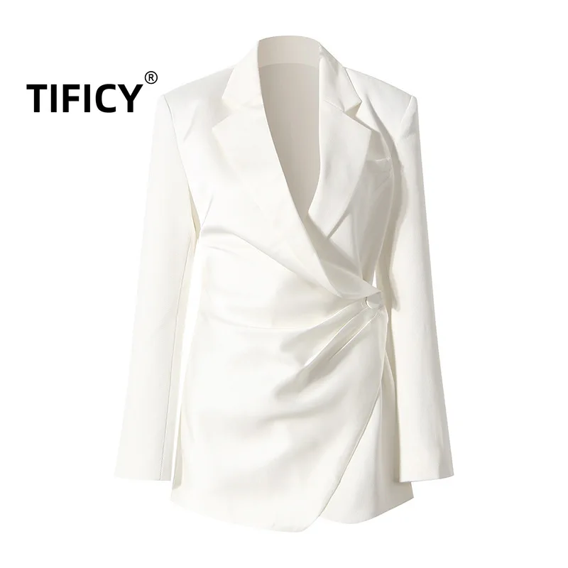 TIFICY Wrinkle and Kink White Blazer Women's New Spring Style Slim Waist Long Sleeve Suit