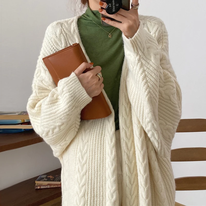 

Thick Long Sweater Coat For Women Linen Pattern Loose Warm Cardigan Autumn Winter Windproof Female Kintted Sweaters