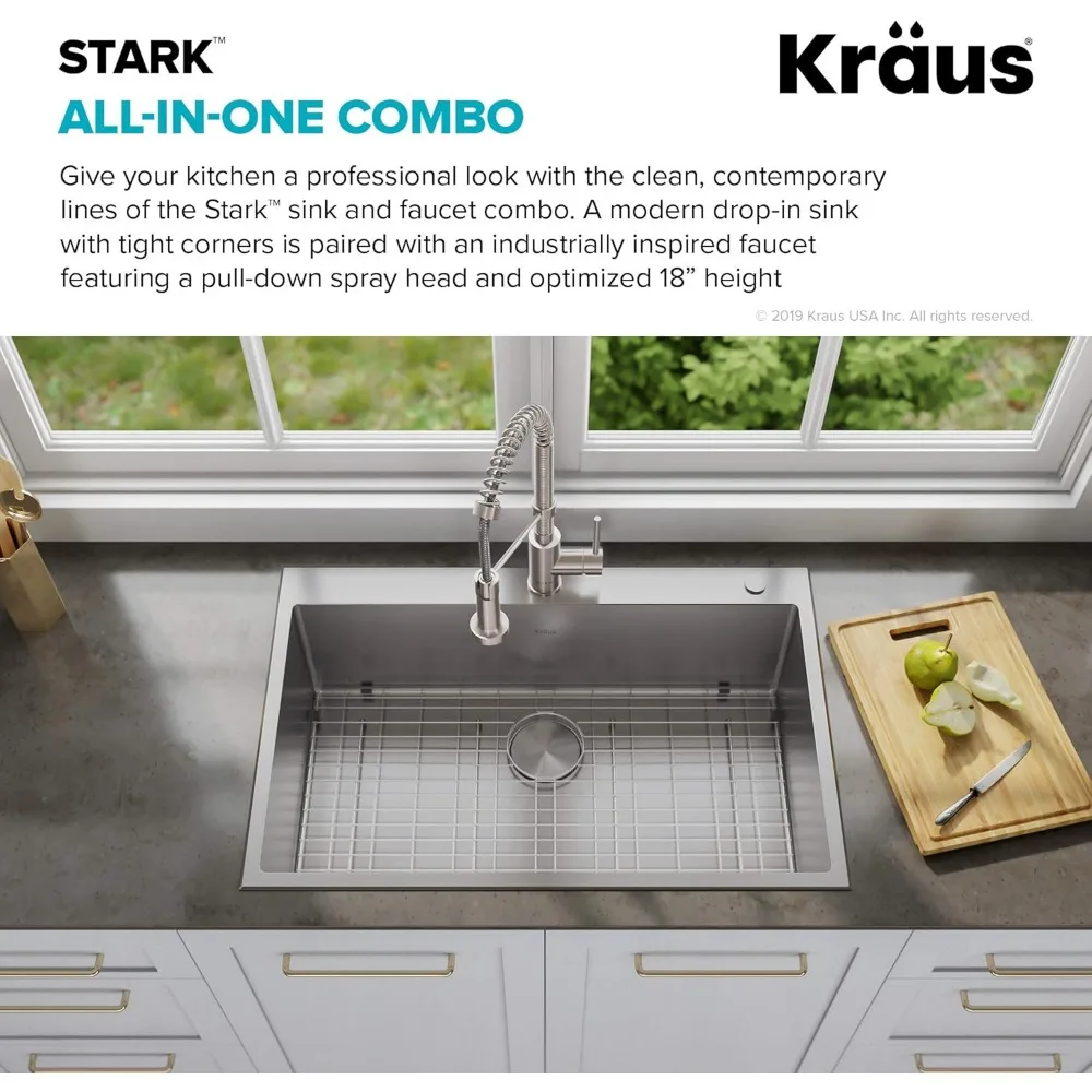 Dual Mount Drop Sink and Pull-Down Commercial Kitchen Faucet Combo in Stainless Steel Finish, 33"- Single Bowl