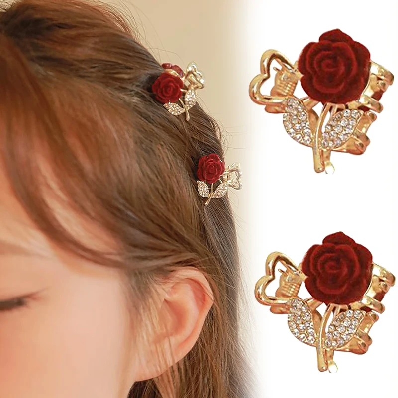 

2Pcs Rose Clasp Clips Rhinestones Small Hair Claw Women's Rose Hair Clip Mini Hairpin Cute Metal Clips Headwear Hair Accessories