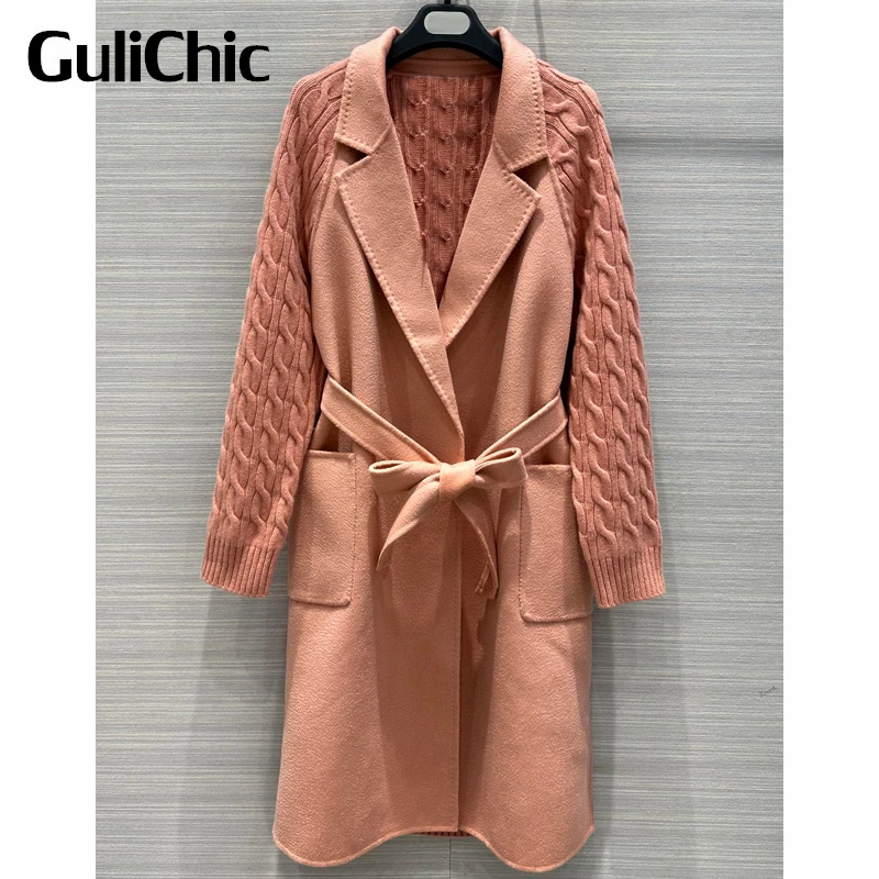 

9.5 GuliChic Women Temperament Comfortable Notched Collar Twist Knitted Spliced Long Sleeve Pocket With Belt Cashmere Wool Coat