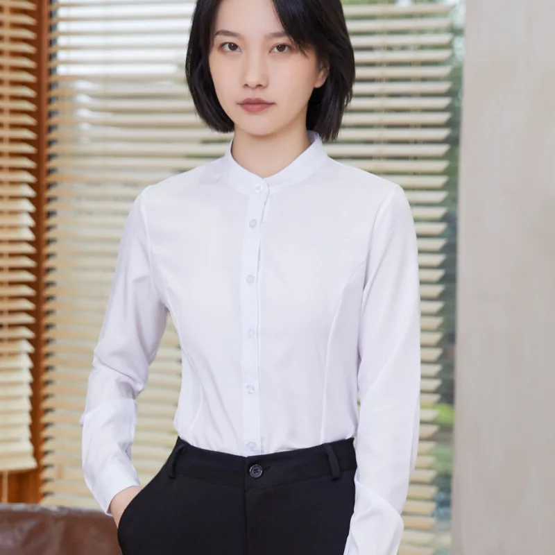

Stand Collar Office Lady White Shirt Women Business Shirts Work Clothes Long Sleeved Blouse 2024 New Female Clothing Womens Tops