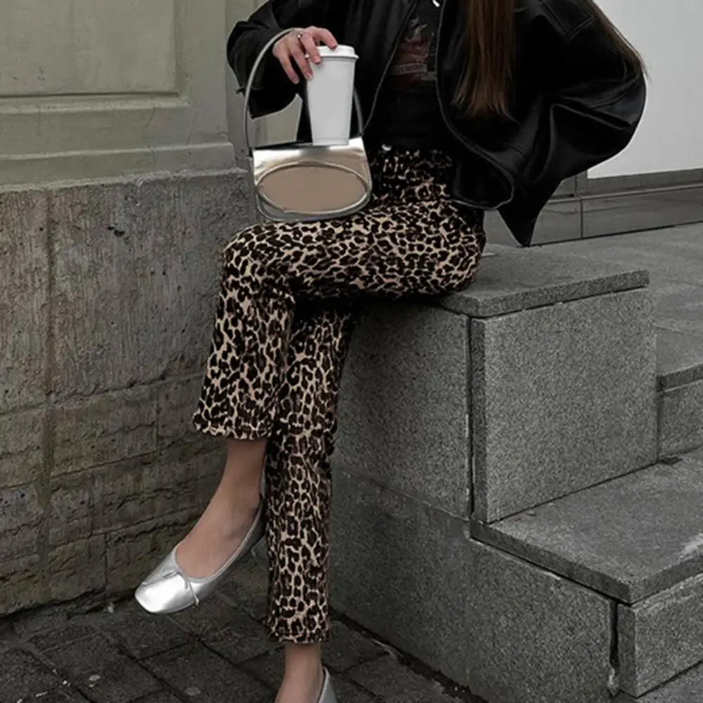Leopard Print Long Pants Leopard Print Slim Fit Pencil Pants with Pockets for Women Stylish Mid-rise Button Zipper for Ladies