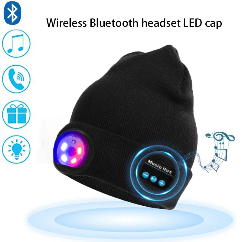 

5.0 Bluetooth Knitted Hat LED Hat Wireless Stereo Headset Music Player with MIC Handsfree Headworn Flashlight Hat Balaclava