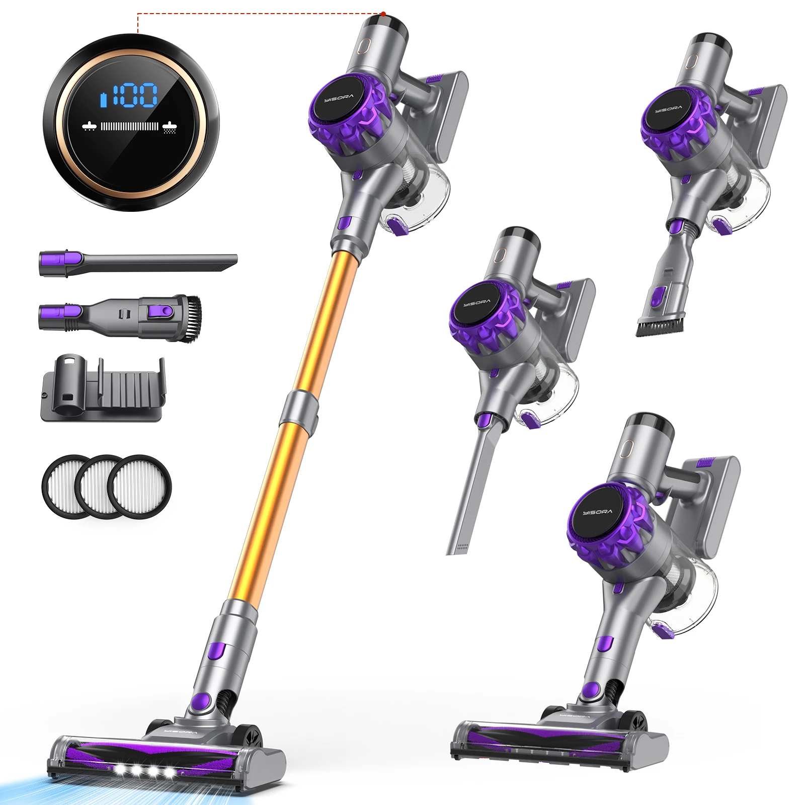 YISORA Cordless Vacuum Cleaner, 40Kpa 55Mins Running Time Wireless Vacuum Cleaner with Touchscreen for Pet Hair, Carpet 1