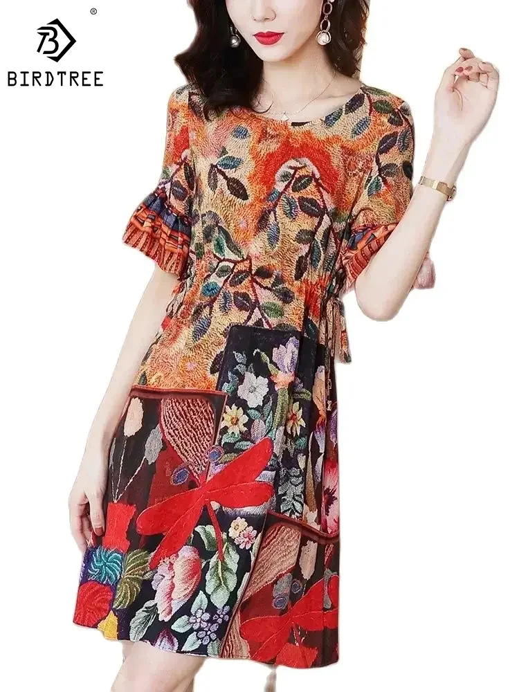 

Birdtree 100%Mulberry Silk Elegant Party Dresses Women's Floral Print Ruffles Sleeve A-Line Office Fashion Dress Autumn D3D117QM