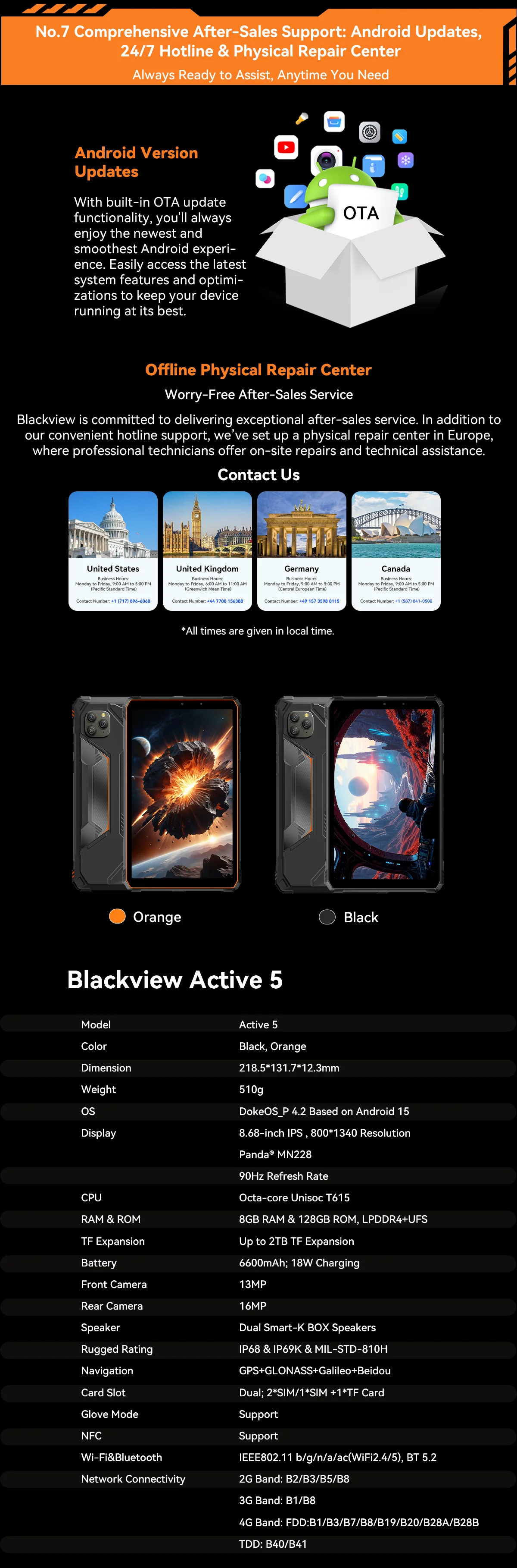 Blackview Active 5 [No EU Charger]Rugged Tablet, 22(6+16)GB RAM+128GB ROM, 8.68" 90Hz IPS Screen, 6600mAh Battery, Android 15, Doke AI, NFC, Fingerprint