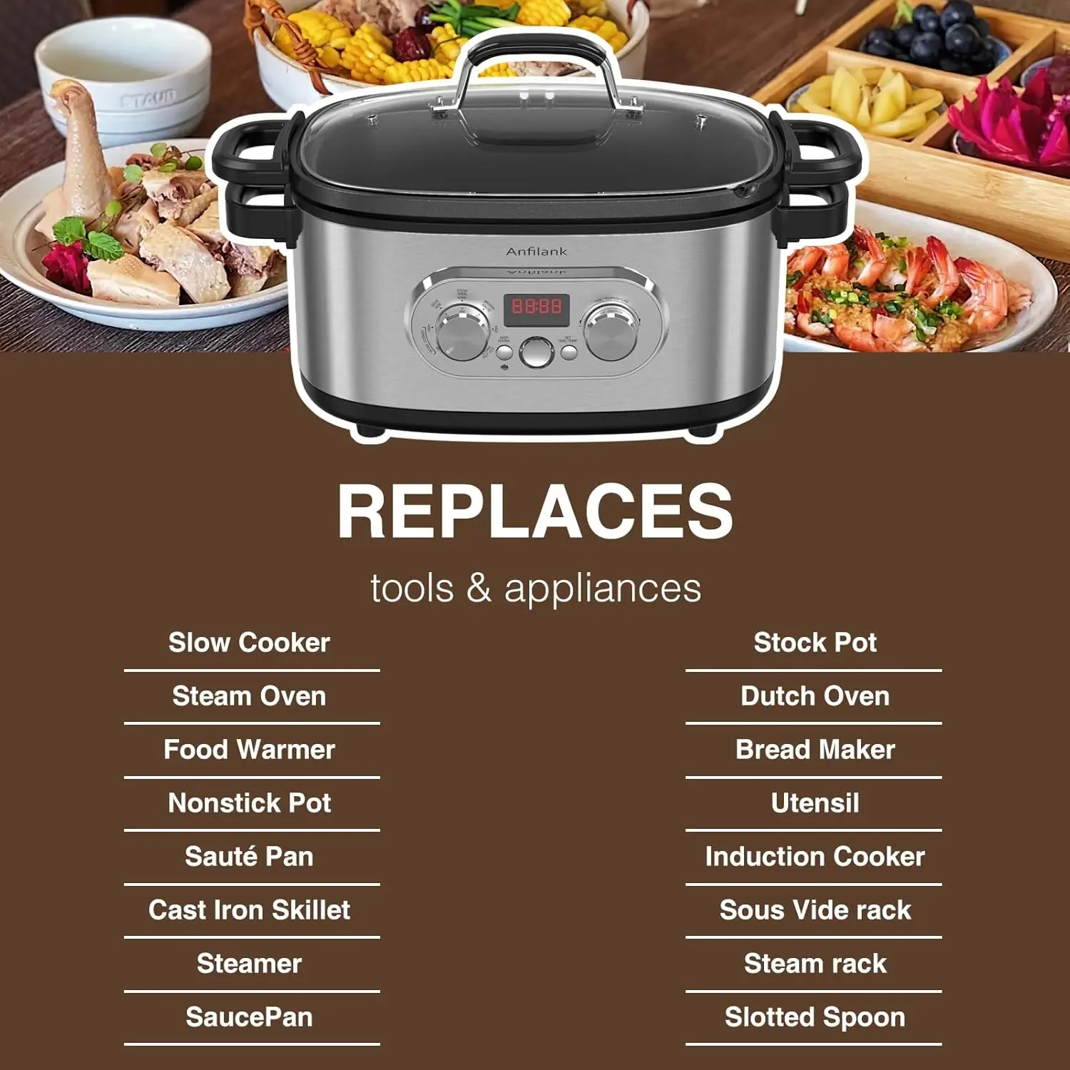 Slow Cooker with Timer, 6.8 Quart Crock Pot, Presets to Sous Vide, Bake, Sauté, Cook Rice& More, Nonstick Dishwasher-Safe Pot, A 4
