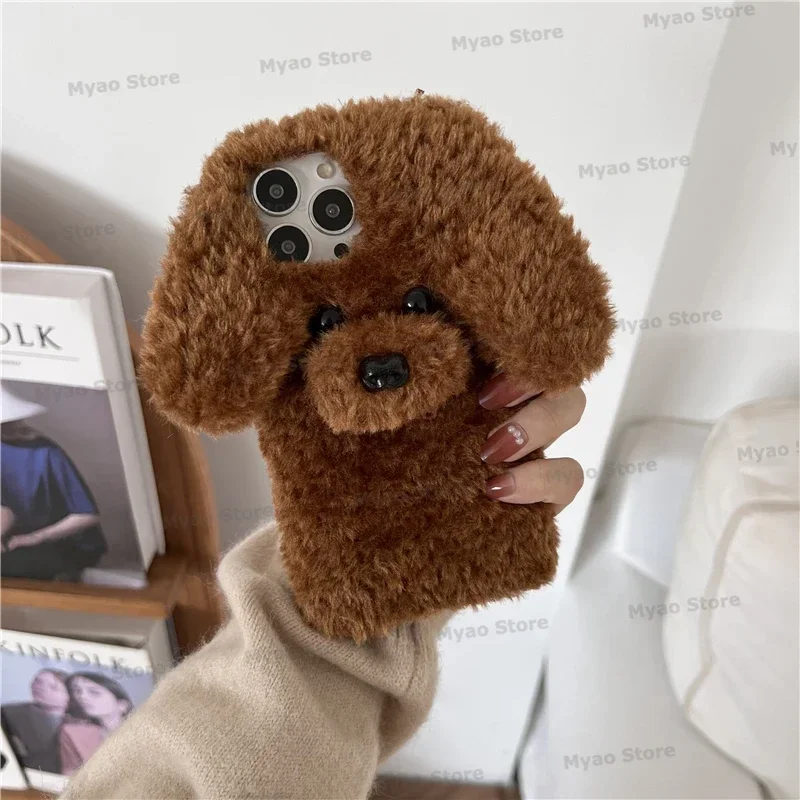3D Teddy Dog Cartoon Phone Case with Cute Rabbit Fur Cover