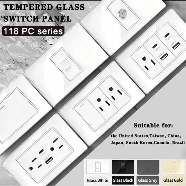 Prise de courant murale ignifuge blanche 118x75mm, double USB type-c 20W, Charge rapide, panneau de commutation en verre trempé 110V, US thaïlande 1