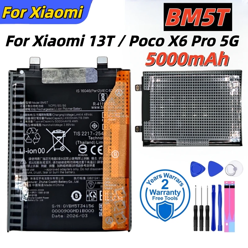 Batteria al litio BM5T 5000mAh Batteria ricaricabile di alta qualità per batterie Xiaomi 13T / Poco X6 Pro 5G + strumenti gratuiti - immagine 2