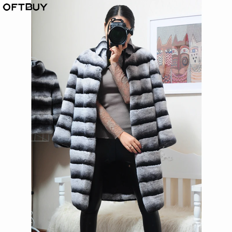 OFTBUY 2022 Luxury Witner Jacket Women Real Fur Coat Natural Rex Rabbit Fur Outerwear Striped Thick Warm Stand Collar Streetwear