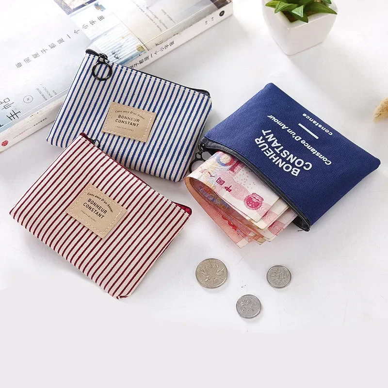 Women Coin Purse for Girls Small Stripe Canvas Zipper Coin Pouch Girl Kawaii Small Bags Cute Earphone Key Holder Bag Wallet
