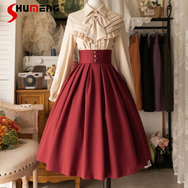 Box-Pleat Skirts Japanese Lolita New Style Original Elegant Complex Classical Spring Autumn All-Match And Calf Long Skirt Female