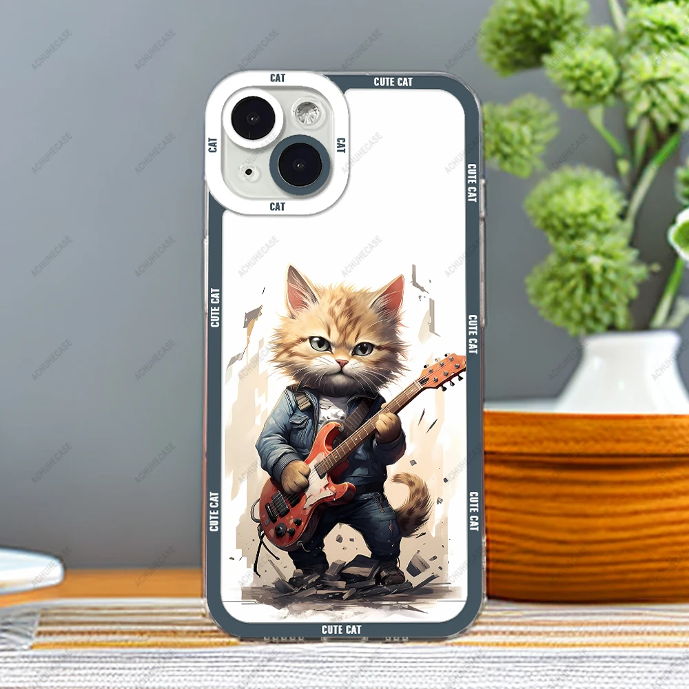 thumbnail image 1 of Guitar Cat Phone Case For iPhone 16 Plus 15 14 13 12 Pro Max Mini 11 XS X XR Soft Silicone Cover, 1 of 5