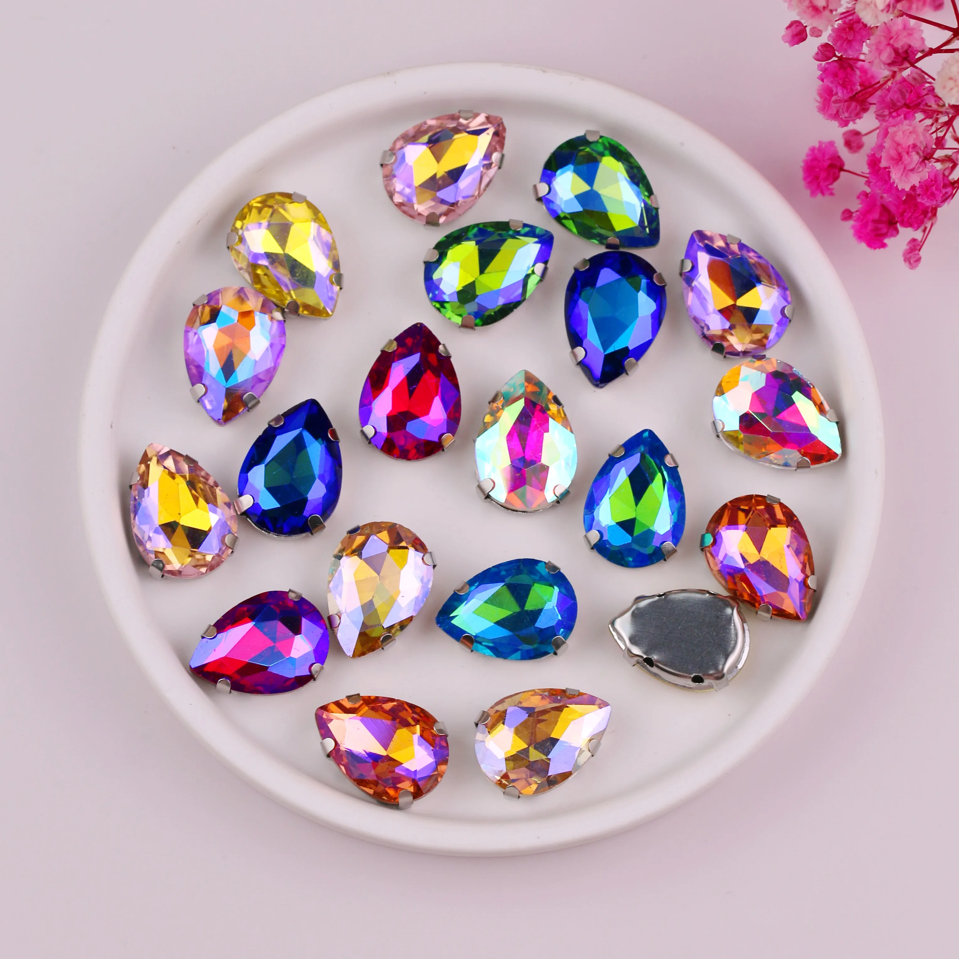 Sew On Rhinestones Sewing Rhinestones Glass Rhinestones Crystal Rhinestones Rhinestone Crystals Rhinestones Beads Rhinestone Accessories Rhinestone Claw Clear Glass Rhinestones Glass Crystals Non Hot Fix Rhinestones Non Hotfix Rhinestones AB colors Silver claw settings holes 7 sizes water drop waterdrop teardrop glass Crystal Sew on rhinestone beads garments diy
