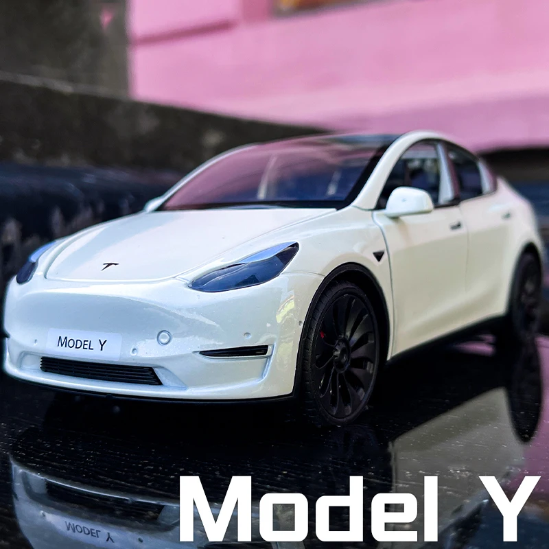 1:24 Tesla Model Y Model 3 With Charging Pile Alloy Car Die Cast Metal Toy Car Model Sound and Light Childrens Collectibles Gift simulation 1 32 type 99 main battle tank alloy model car toy with sound and light diecast pull back toy for children tank model