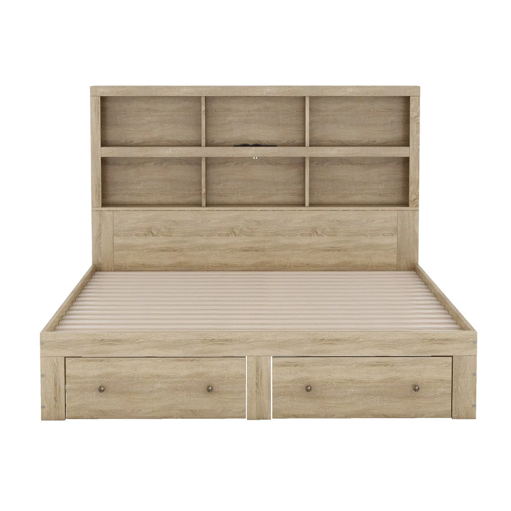 Modernes Schlafzimmer-Doppelbett, Spanplatte, King-Size-Plattformbett mit zwei Schubladen am Fuß des Bettes, mit Stauraum, 160 x 200 cm – Detail 9
