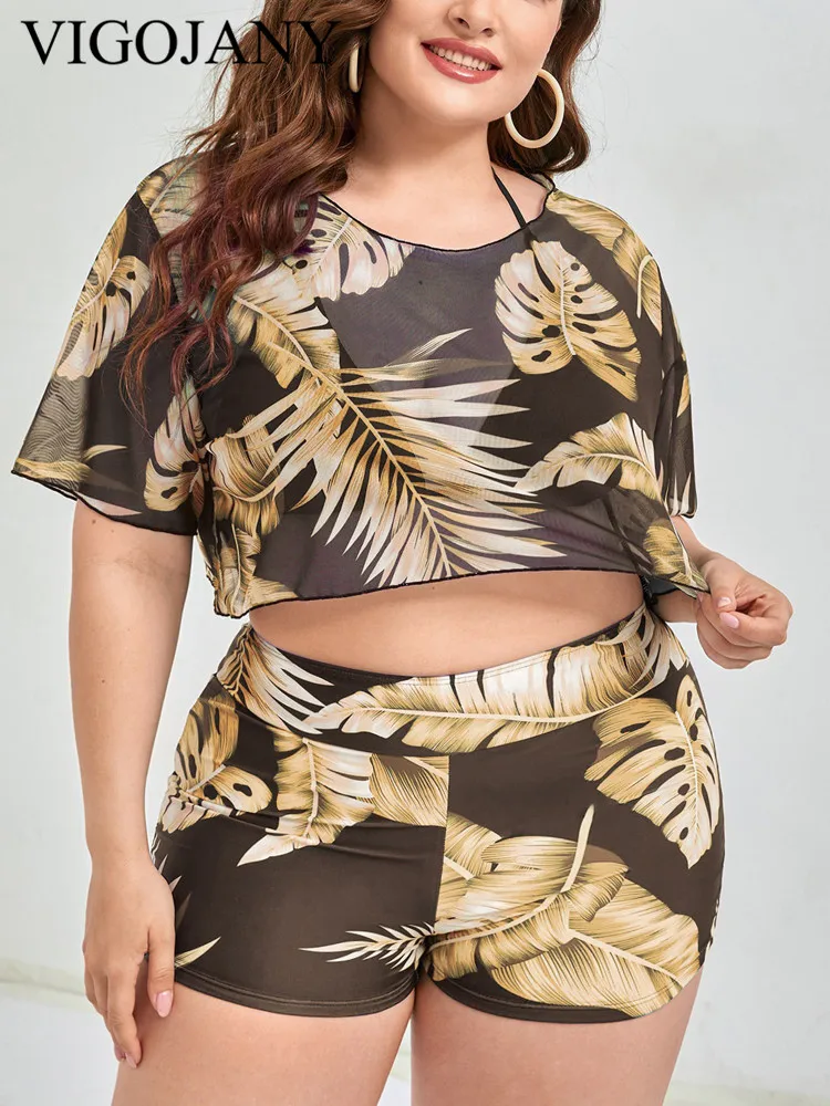 

VigoJany 2024, сетчатый купальник с принтом и короткими рукавами, женский купальник с лямкой на шее и открытой спиной