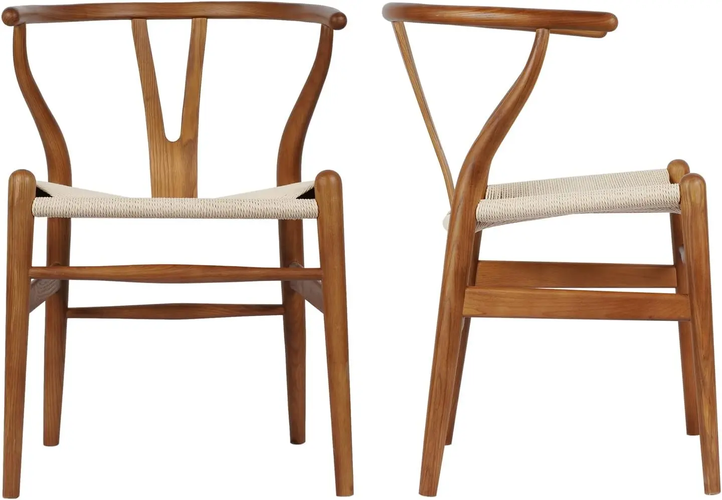 Set of 2 Wishbone Chair Solid Wood Y Chair Mid Century Armrest Dining Chair Hemp Seat Ash Wood Walnut