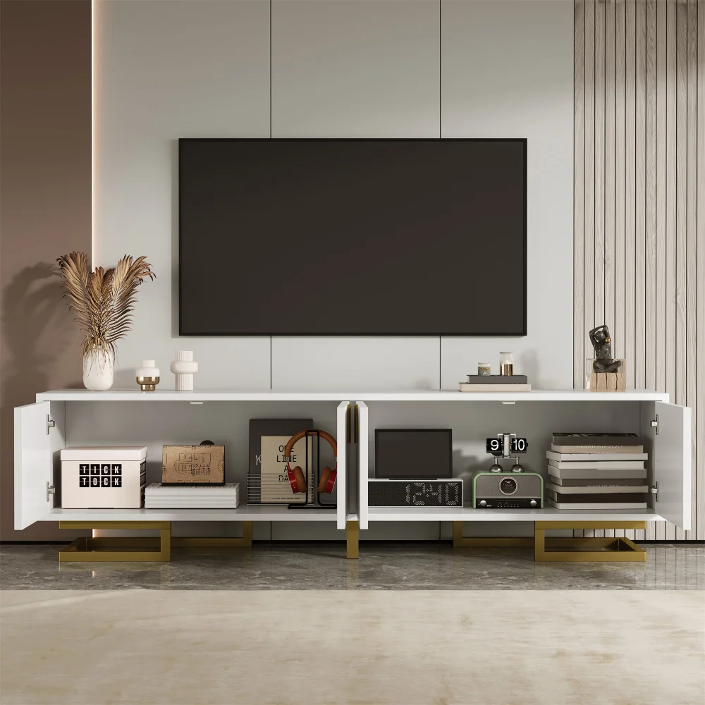 Moderner TV-Schrank mit strukturierten Türen – goldene Griffe und Beine, stilvolle TV-Möbel, bietet praktische Medienaufbewahrung – Detail 8