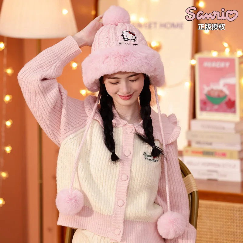 

Sanrio Hello Kitty Mymelody Kuromi Cinnamoroll Plush Hanging Ball Hat Cartoon Plush Hat Winter Lady Cute Girl Heart Lei Feng Hat