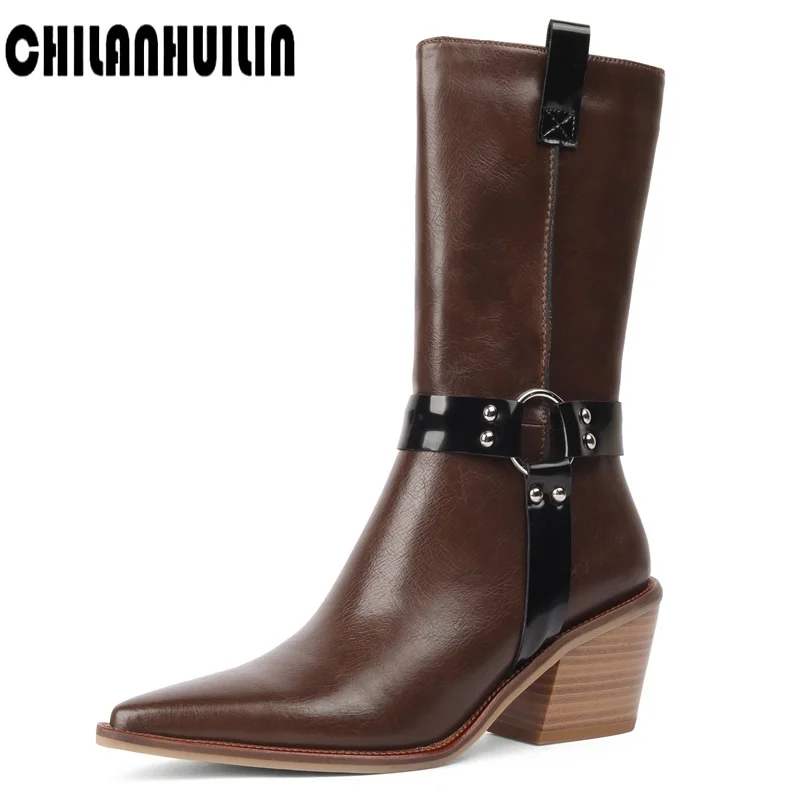 

punk rivets cow leather mid calf boots high heel retro shoes ankle western boots women autumn winter high heels booties mujer