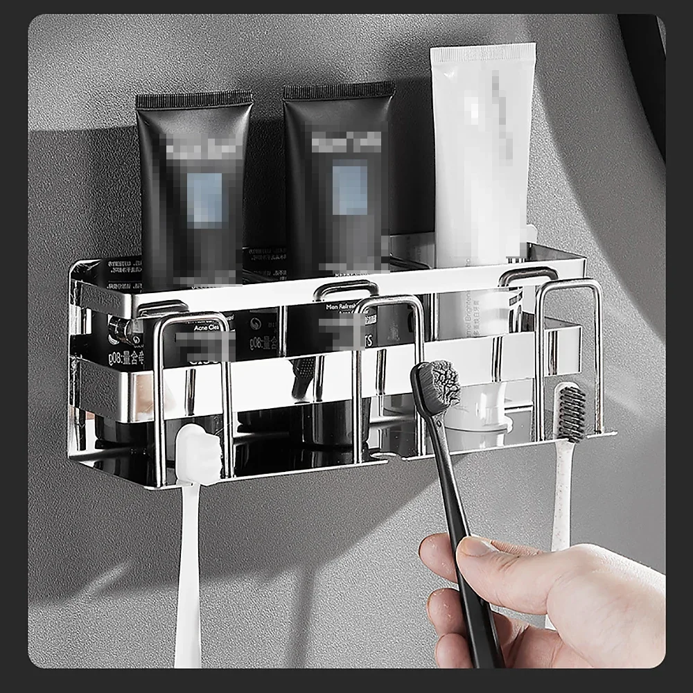 Bathroom Organizer Toothbrush Holder Cup Storage Holder Toothbrush Cup Stainless Steel Wall Mounted Toothpaste Rack Toiletries Storage Rack