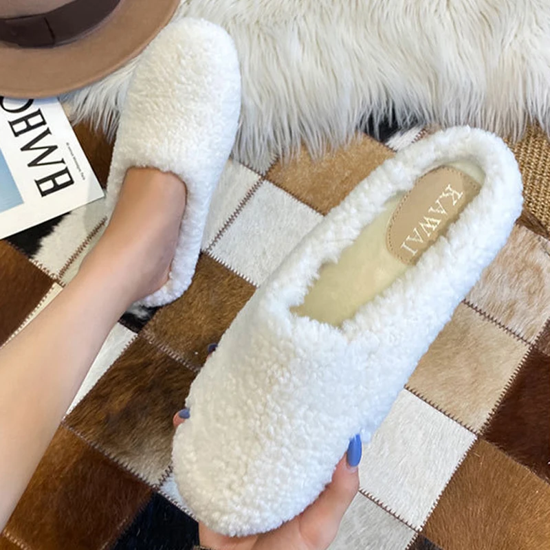2023 Winter Wool Slippers Women Curly Sheep Fur Flat Shoes Warm Cozy Slip On Pantuflas House Slides Femme Cotton Lambswool Mules 2