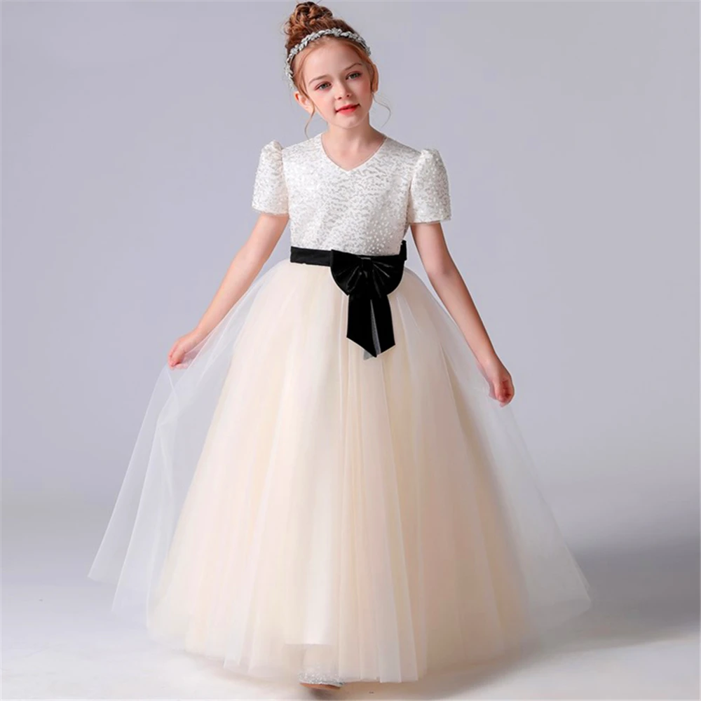 

Lovely Flower Girl Dress Elegant Short-sleeved Tulle Lace Layered Princess Ball First Communion Dresses Kids Birthday Present