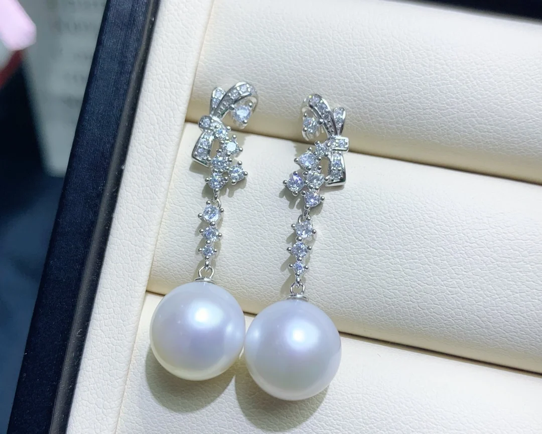 

JCY Fine Jewelry 925 Sterling Silver Round AAAAA 10-11mm Nature Fresh Water White Pearls Drop Dangle Earrings Present