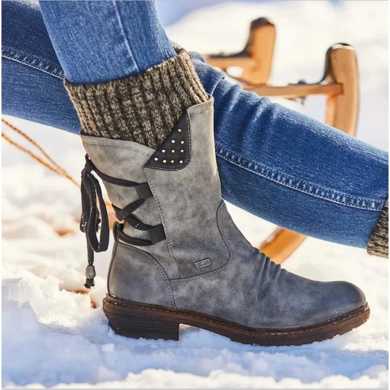 

Ladies Fashion Autumn Winter Women Boots Mid Calf Shoes Warm Snow Boots Cowboy Style Knee High Botas Plus Size 35-43