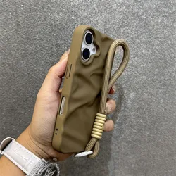 Stylish Pleated Lanyard Cover with Bracelet - Slim Silicone Soft Case in Solid Colors - iPhone 14 Pro Max (Khaki  GS)