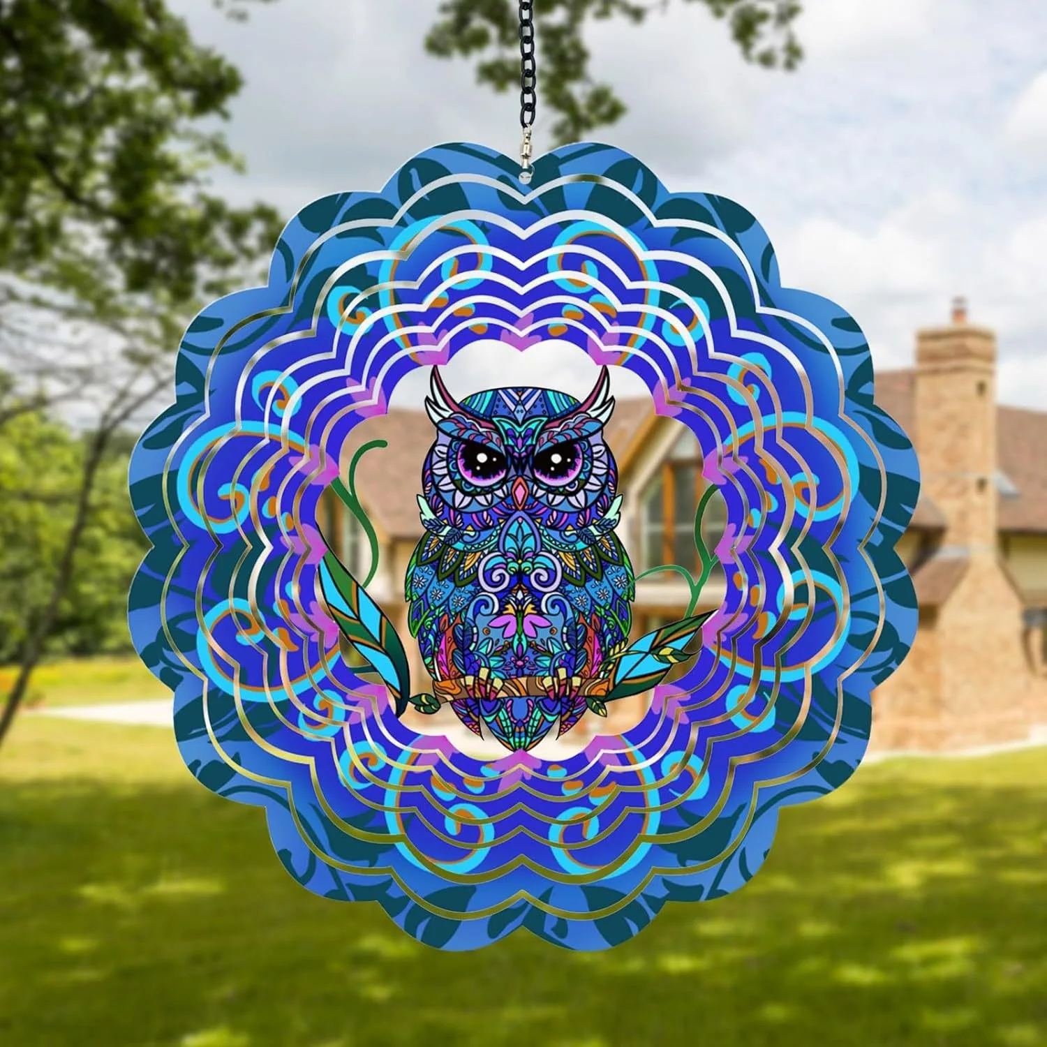 Owl Metal Wind To 3D Visual Rotating Pendant Outdoor Courtyard Garden Decoration Windmill