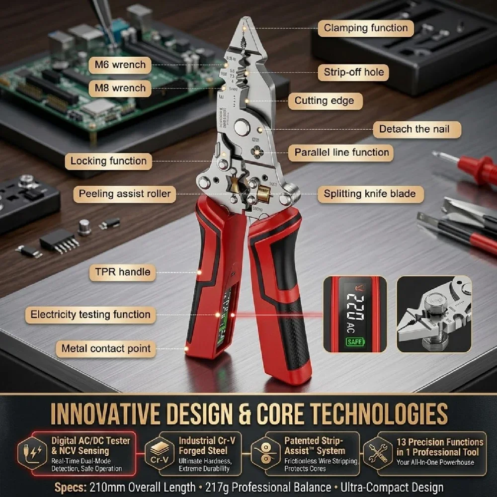 Multifunctional Wire Stripping and Electrical Maintenance Tool with Voltage Tester