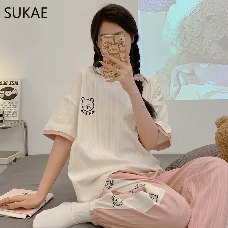 SUKAE Summer New Cotton Cartoon Woman's Pajamas Set Short Sleeves Long Pants Girl Pijama Casual Women Clothing Fashion Sleepwear