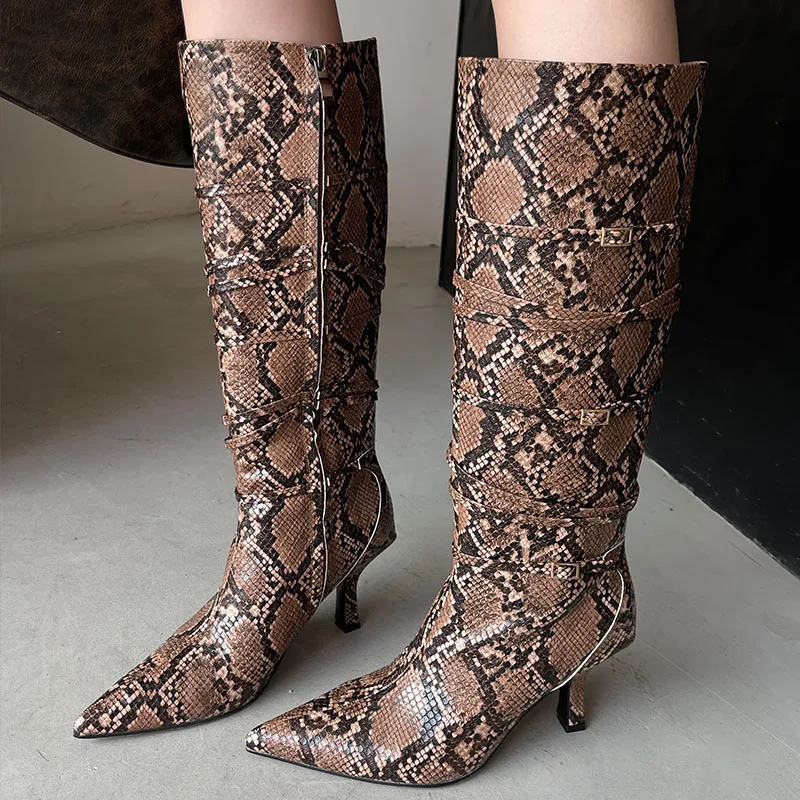 New Female Designer Snakeskin Footwear Knee High Boots For Women