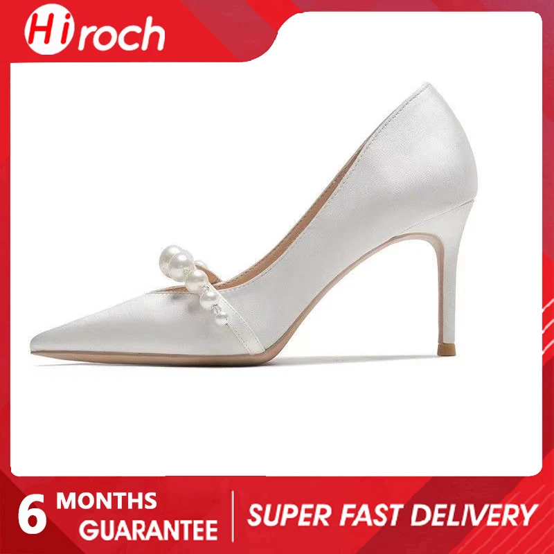 

HiRoch 2022 White Pearl Stiletto High Heels Women's Summer Pointed Toe Shallow Mouth Set Feet Satin Single Shoes Weddin