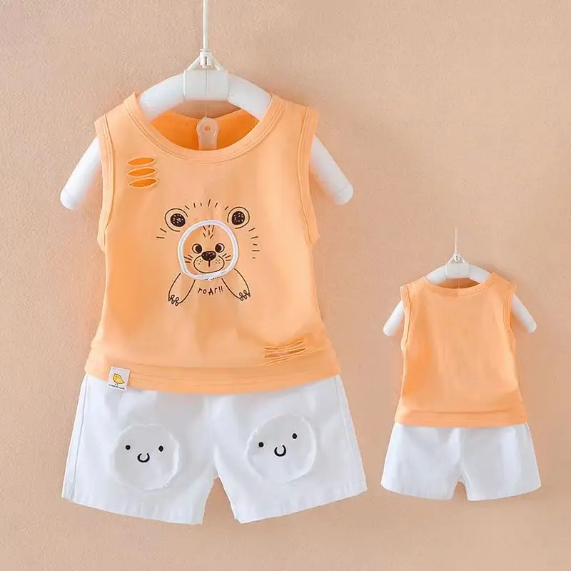 

2023Summer Children's Vest Set Pure Cotton Baby Sleeveless Vest 2-piece Clothes Boy's Clothing Set Baby Toddler Clothing For Boy
