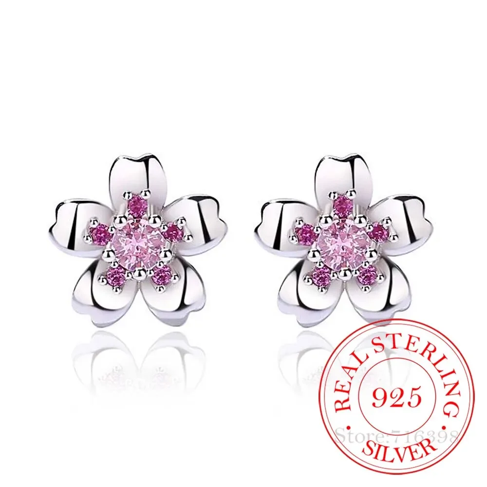 

Real 925 Sterling Silver Pink Crystal Sakura Stud Earrings For Women 2023 Korean Wedding Party Jewelry Gift Female Pendientes