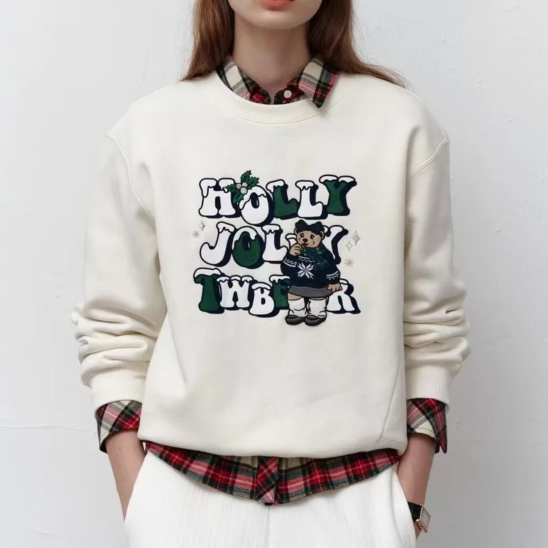 

Christmas Letter Embroidery Sweatshirt , Women White Hoodies, Oversize Loose Preppy Tops, Lady Tees, y2k clothes 2000s goth