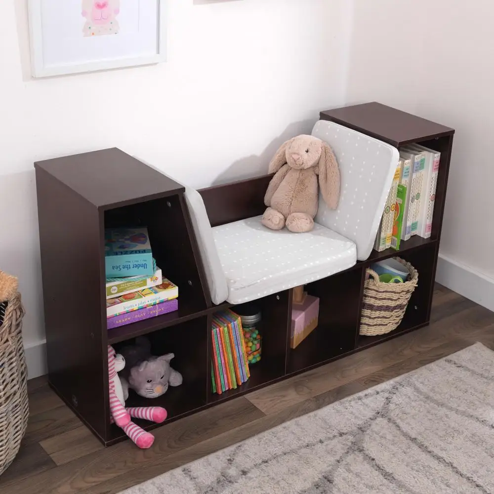 Wooden Bookcase Kids with Reading Nook 6 Shelves Cushioned Seating Storage Solution Ideal Playroom Organization 6