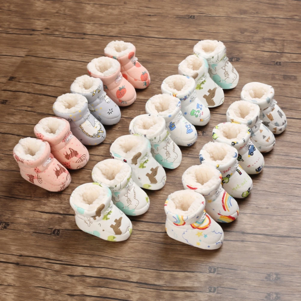 Autumn Winter Baby Boots Baby Girl Boys Winter Warm Shoes Solid Cartoon Print Toddler Fuzzy Balls First Walkers Kid Shoes 0-18M 1