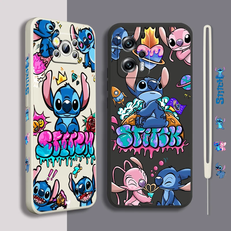 

Stitch Anime Cute Art For Xiaomi POCO X5 M5 C40 M4 X4 F4 C40 X3 NFC F3 GT M4 M3 M2 Pro 4G 5G Liquid Left Rope Phone Case Fundas