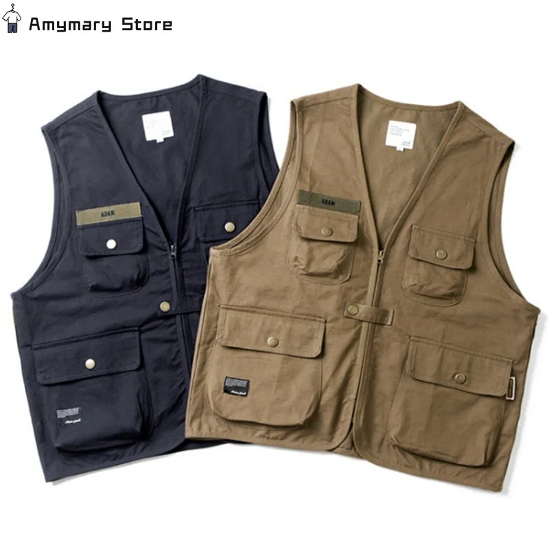 Mens Harajuku Style Vest Jacket Solid Color Loose Casual Multi-pocket Sleeveless Vest Fishing Hunting Photography Work Waistcoat