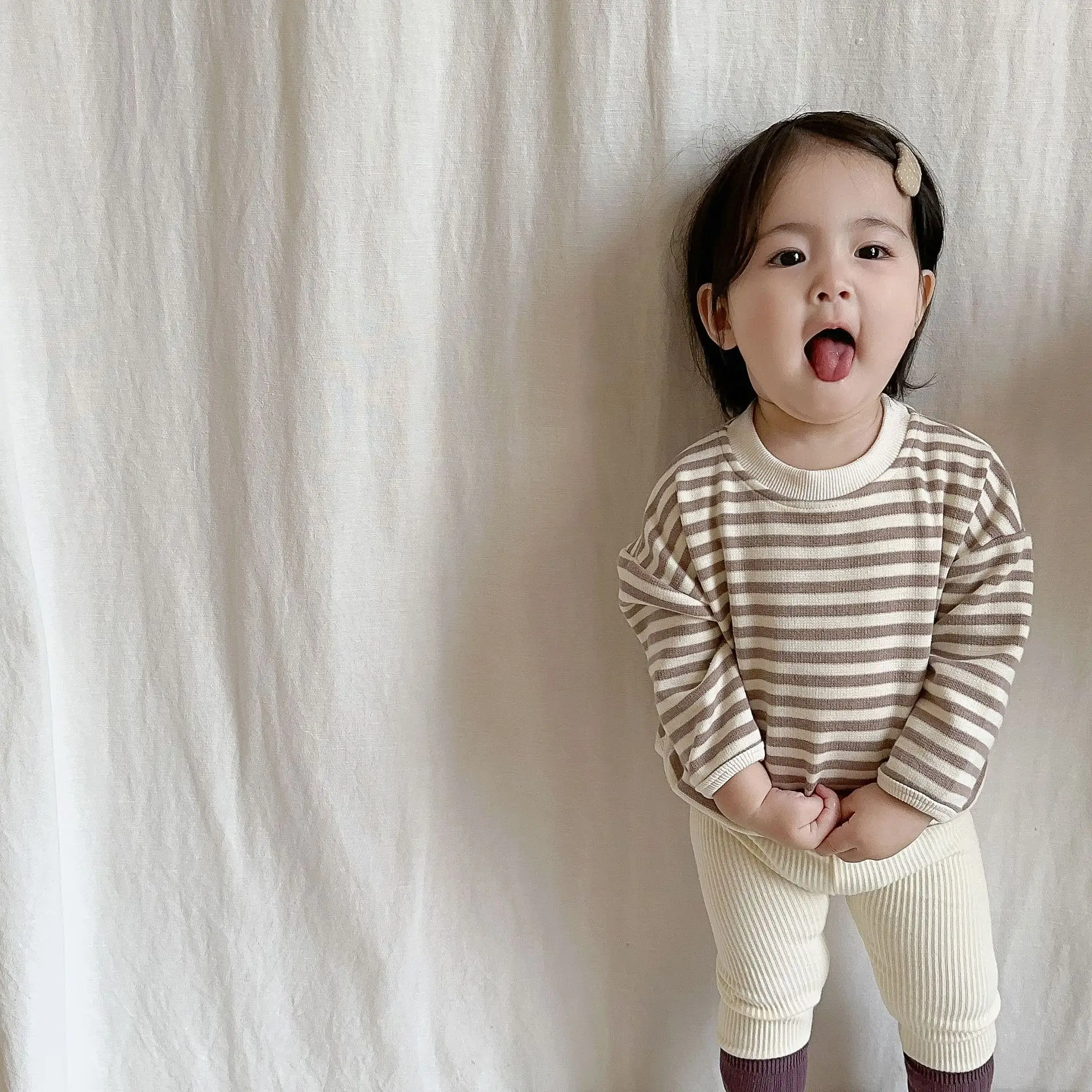 2025 Autumn New Baby Long Sleeve Clothes Set Boy Girl Striped T Shirts + Solid Leggings 2pcs Suit Infant Toddler Casual Outfits 3