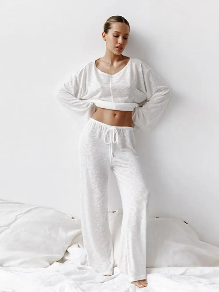 Women cotton Sleepwear Sexy White Fashionable Long Sleeved Pants Pajamas Two-piece summer Women's thin Home Clothing Pijama
