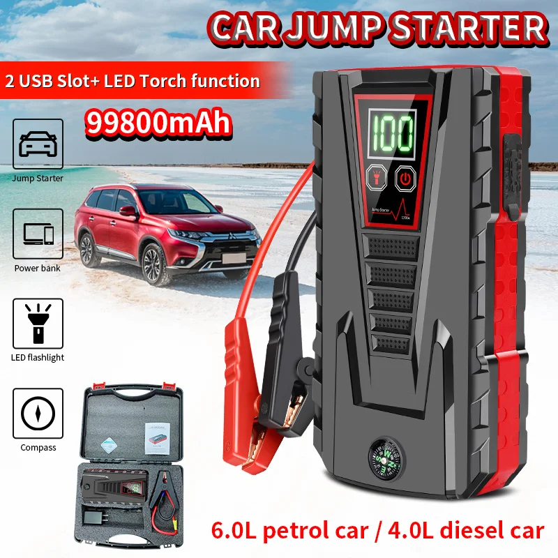 99800mAh Car Jump Starter Power Bank 2500A 12V Portable Car Battery Starter Emergency AUTO Booster Starting Device Jump Start