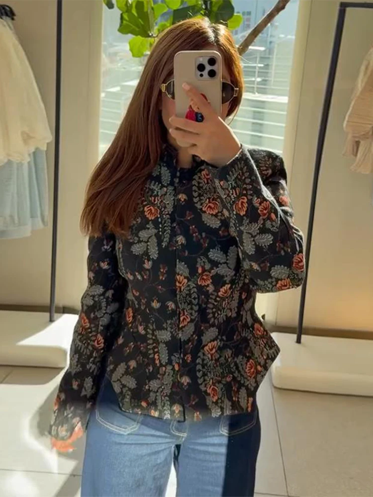 Slim Floral Jacquard Jacket with Stand Collar Long Sleeves and Irregular Hem — photo 5