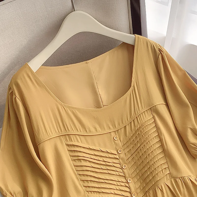 여성용 플러스 사이즈 바스트 150, 루즈 스퀘어 넥 드레스, 노란색 5XL 6XL 7XL 8XL 9XL, 150Kg, 여름